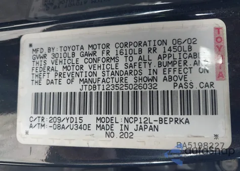 2002 Toyota Echo from USA, damaged, VIN JTDBT123525026032